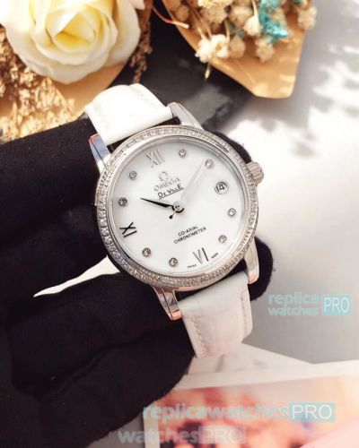 Copy Omega De Ville Ladies Watch White Dial Silver Diamond Bezel